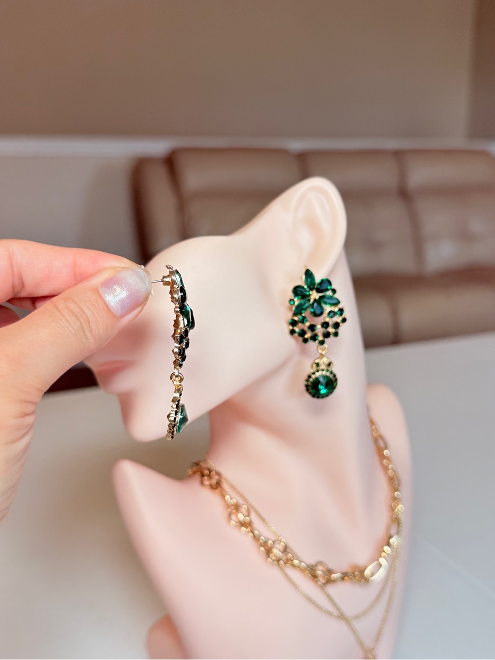 Gold & Green Crystal Floral Drop Earrings - Picture 4 of 10